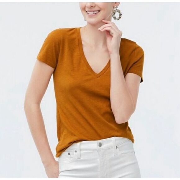 J. Crew V-neck T-shirt Stretch Linen Blend in Warm Brandy Size M - Picture 1 of 7